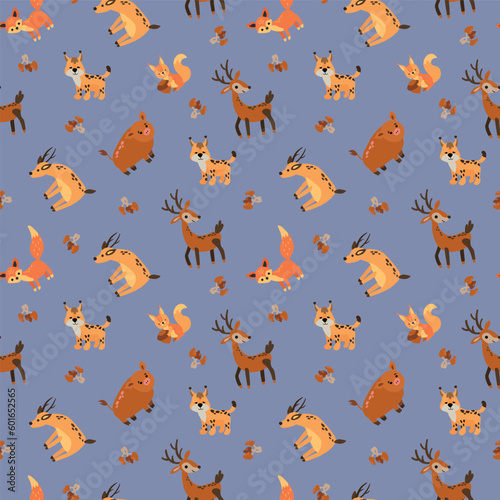 Seamless pattern with forest animals. Squirrel, wild boar, lynx, deer, roe deer. Design for fabric, textile, wallpaper, packaging.