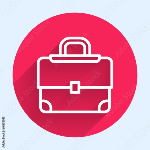 White line Briefcase icon isolated with long shadow. Business case sign. Business portfolio. Red circle button. Vector