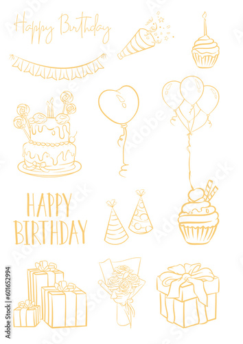 happy birthday, birthday cake, birthday decoration. Set of birthday party elements