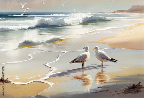 Serene Beach Scene with Graceful Seagulls and Sparkling Water on Sandy Shore  generative AI