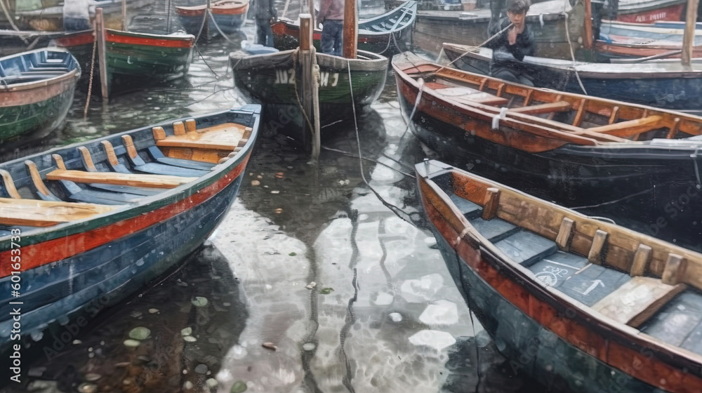 Close On Wooden Boats In A Harbor AI Generative