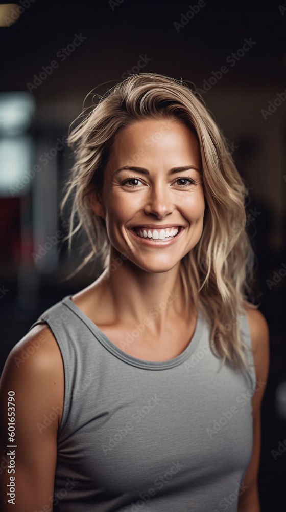 Fototapeta premium Portrait of a smiling woman at the gym - ai generative