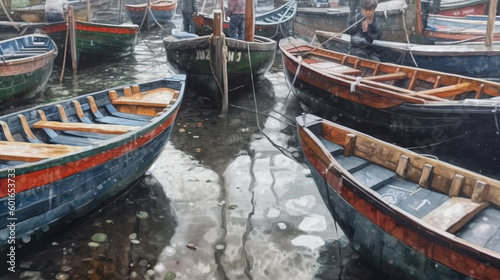 Fényképezés Close On Wooden Boats In A Harbor AI Generative