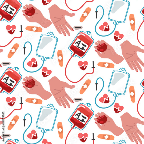 A pattern for blood donation on a white background. Medical blood collection, bag, patch, needle, hands, warm-up, ball, heart. Elements of medical parts. Printing on textiles and paper medical
