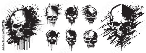 Human skulls black and white vector. Silhouette svg shapes of skulls illustration.