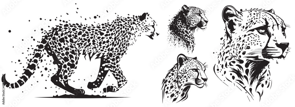Cheetah heads black and white vector. Silhouette svg shapes of cheetah illustration. - obrazy, fototapety, plakaty 