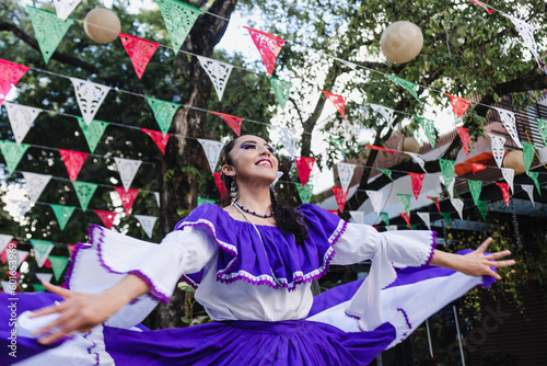 Latin Woman in Traditional Mexican Dress Dancing at parade or cultural Festival in Mexico Latin America, hispanic people in independence day