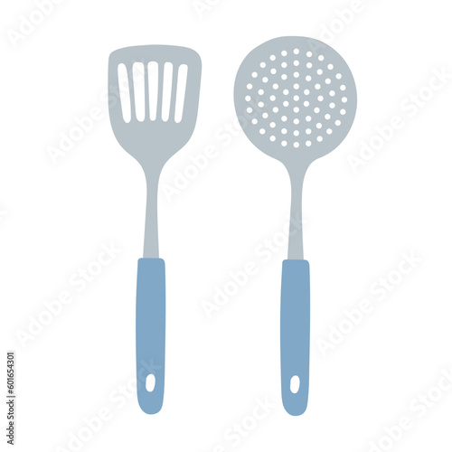 Flat icon spatula and slotted spoon isolated on white background. Kitchen utensils. Vector illustration.