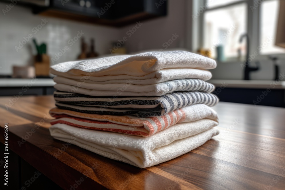 Stack of kitchen towels, dish towels, tea towels on a kitchen counter,  kitchen worktop Stock Illustration