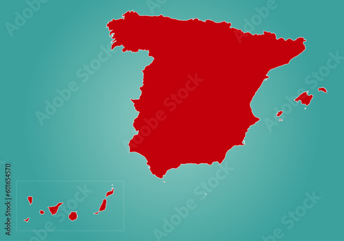 Mapa del territorio español, península, Islas Canarias, Islas Baleares, Ceuta y Melilla en rojo sobre fondo degradado verde en representación del mar