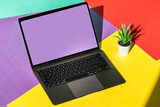 Screen mockup. Laptop lying on a colored background. 