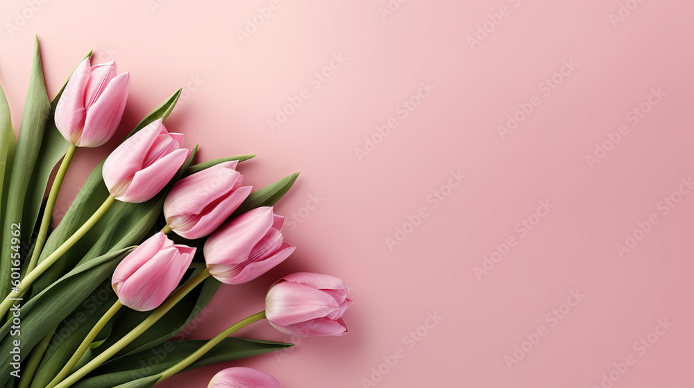 Blooming Beauties: Top View of Spring Tulip Flowers on Pink Background. created with Generative AI