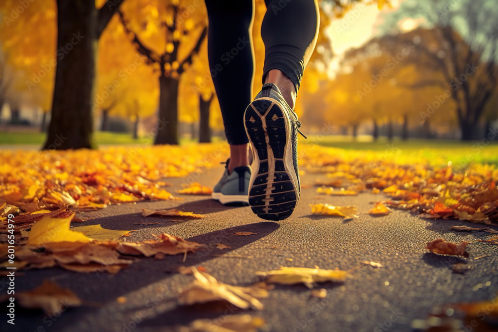 Autumn Morning Run: Close-Up of Woman's in the Park . created with Generative AI Autumn Morning Run: Close-Up of Woman's in the Park . created with Generative AI