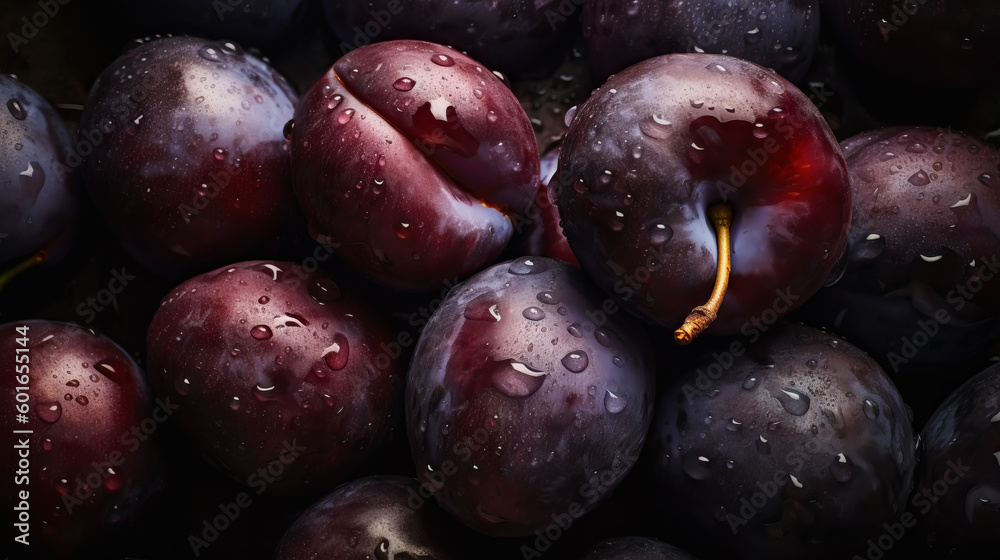 Fresh ripe plums with water drops background. Fruits backdrop. Generative AI Fresh ripe plums with water drops background. Fruits backdrop. Generative AI