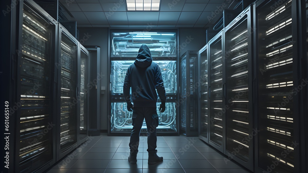 Hacker standing in server room, ambient lighting, cyber security Hacker standing in server room, ambient lighting, cyber security