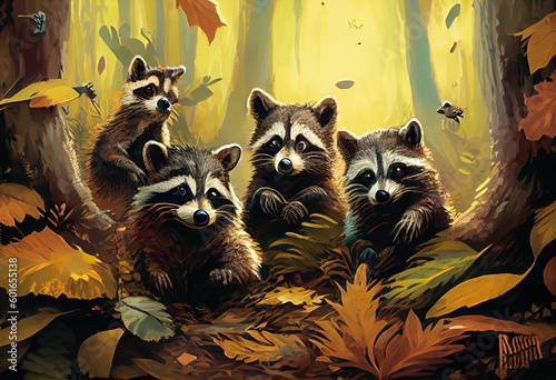 Playful Raccoons in a Peaceful Forest: An Energetic and Curious Scene with Rustling Leaves and Tall Trees, generative AI