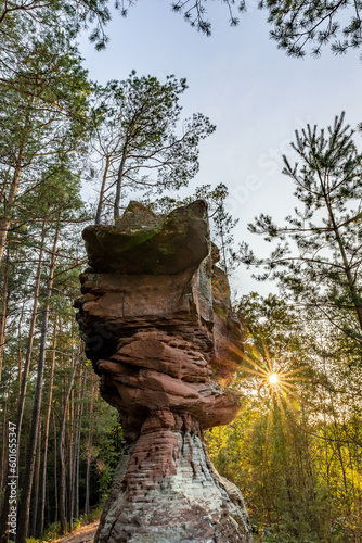 Sunset behind Red Rock in Rockland of Dahn, Rhineland-Palatinate, Germany, Europe © wagner_md