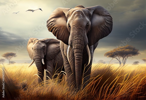 Powerful and Majestic  Awe-Inspiring Grassland Scene with Massive Elephants on Golden Plains  generative AI