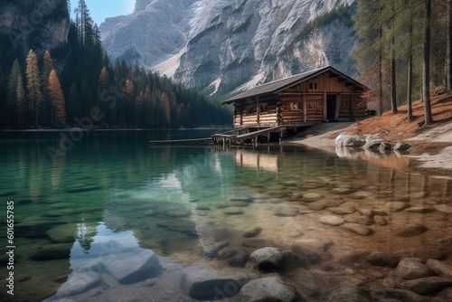 Wooden hut on Lake Braies in Dolomites, Italy © ttonaorh