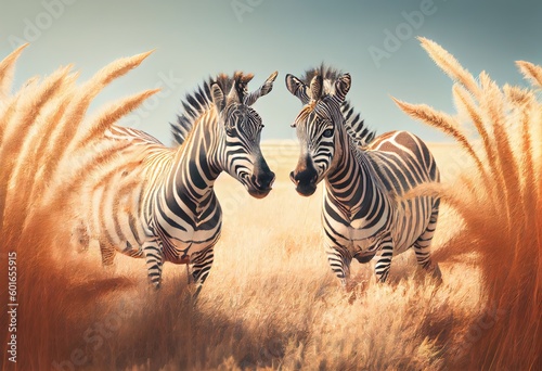 Idyllic Grassland Scene  Playful Zebras in Energetic and Curious Golden Grass Plains  generative AI