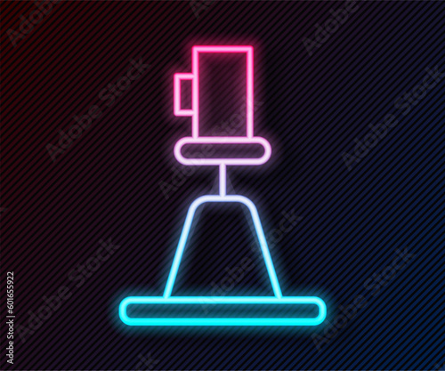 Glowing neon line Tacheometer, theodolite icon isolated on black background. Geological survey, engineering equipment for measurement and research. Vector