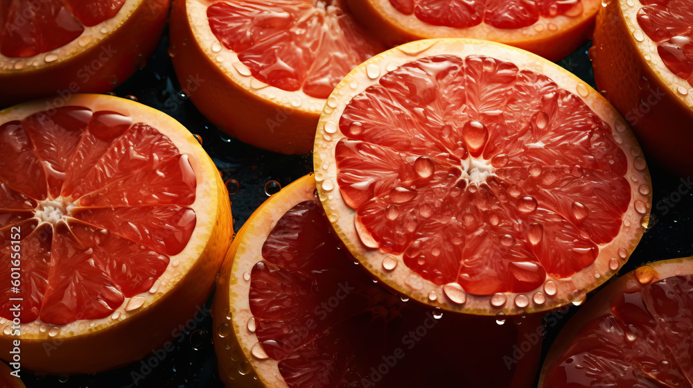 Fresh ripe grapefruits with water drops background. Fruits backdrop. Generative AI Fresh ripe grapefruits with water drops background. Fruits backdrop. Generative AI