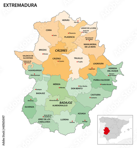 Administrative map of the regions in the Spanish Autonomous community of Extremadura photo