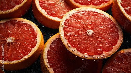 Fresh ripe grapefruits with water drops background. Fruits backdrop. Generative AI
