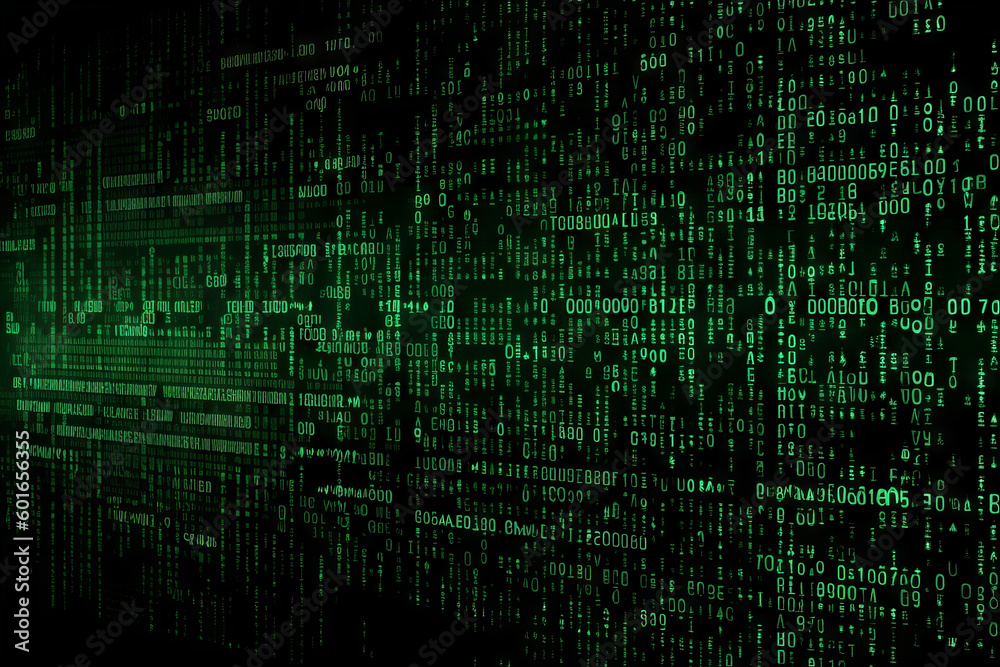A screen filled with green code on black backdrop, representing technology, cyber security, and hacking. This digital illustration of the world of programming and internet communication. Generative AI A screen filled with green code on black backdrop, representing technology, cyber security, and hacking. This digital illustration of the world of programming and internet communication. Generative AI