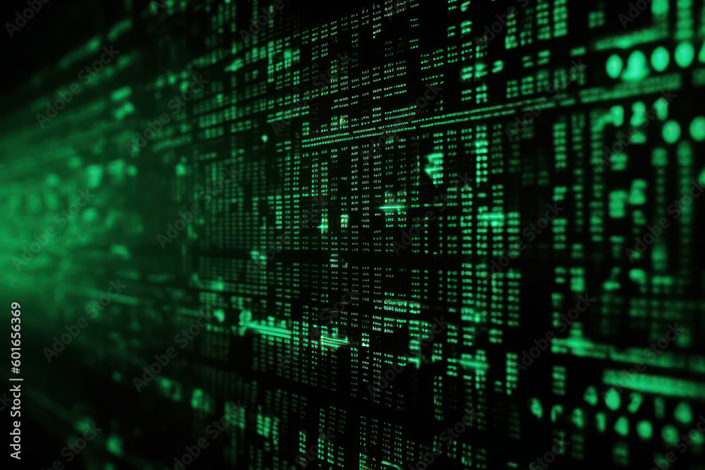 A screen filled with green code on black backdrop, representing technology, cyber security, and hacking. This digital illustration of the world of programming and internet communication. Generative AI A screen filled with green code on black backdrop, representing technology, cyber security, and hacking. This digital illustration of the world of programming and internet communication. Generative AI