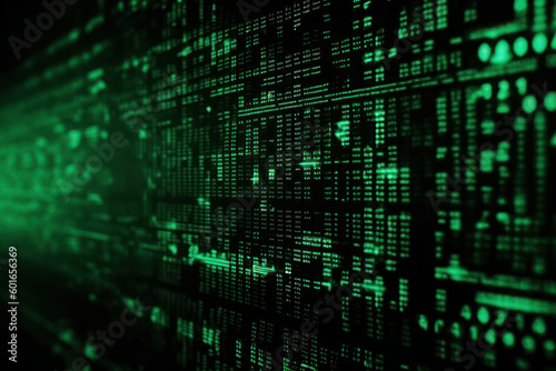 A screen filled with green code on black backdrop, representing technology, cyber security, and hacking. This digital illustration of the world of programming and internet communication. Generative AI © Fortis Design