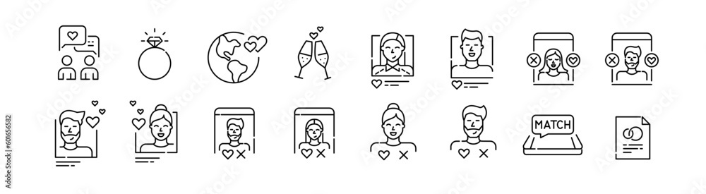 Dating application. Finding match. Relationships leading to marriage. Pixel perfect, editable stroke line icons set Dating application. Finding match. Relationships leading to marriage. Pixel perfect, editable stroke line icons set