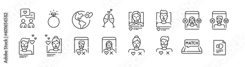 Dating application. Finding match. Relationships leading to marriage. Pixel perfect, editable stroke line icons set