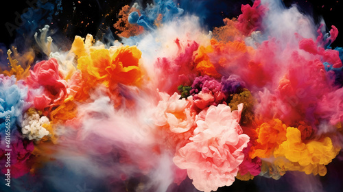 Abstraction. Flowers in smoke, neon pastel, glowing flowers with splashes