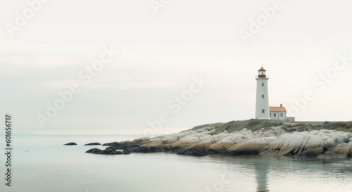A lighthouse on a rocky shore with a cloudy sky in the background. AI