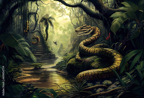 Otherworldly Jungle: Fearsome Anacondas Amidst Dense Foliage and Lush Vegetation, generative AI