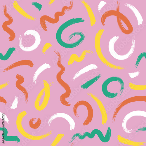 Seamless colorful pattern of squiggles on a pink background, brush strokes