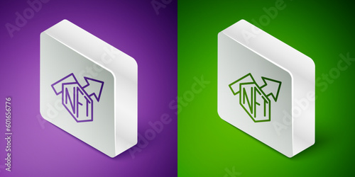 Isometric line NFT growth bar chart icon isolated on purple and green background. Non fungible token. Digital crypto art concept. Silver square button. Vector