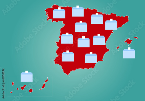 Elecciones municipales en España. Mapa de España con urnas electorales y papeleta