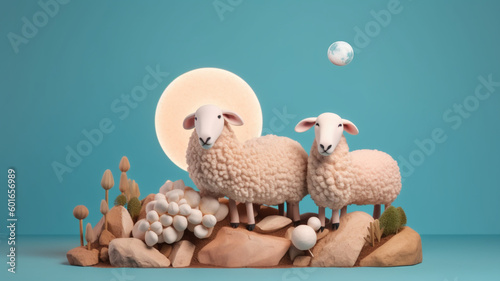 3d moon and sheep on blue background. eid adha concept. generative ai. photo