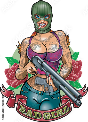 gangster girl wearing balaclava holding 12- gauge pump action gun