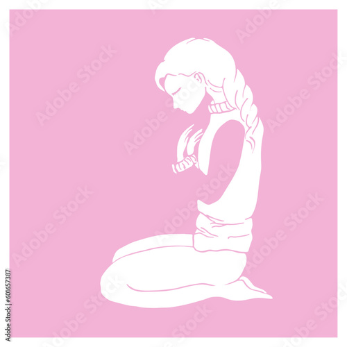 woman sitting on knees hoping and thinking, memories in her heart, with silence love to child or mother at mothers day