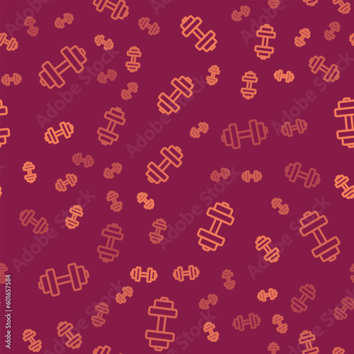 Brown line Dumbbell icon isolated seamless pattern on red background. Muscle lifting, fitness barbell, sports equipment. Vector