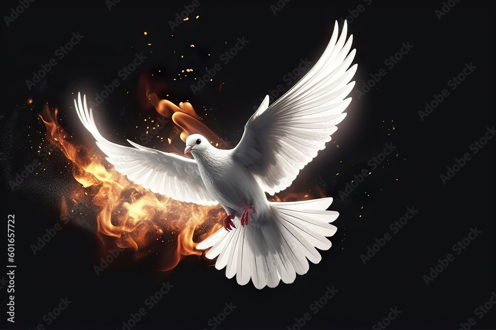 Flying White Dove with Fiery Glow on a Dark Background, Embodying Peace ...