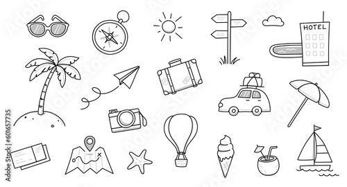 Summer travel vacation drawn set. Hand drawn sketch doodle style summer trip, vacation background. Sun, travel bag, beach tent doodle element. Funny tourism vector illustration.