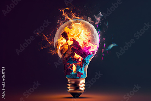 Colorful Burst: Explosive Splashes of Paint Surround a Creative Light Bulb on a Dark Background. created with Generative AI