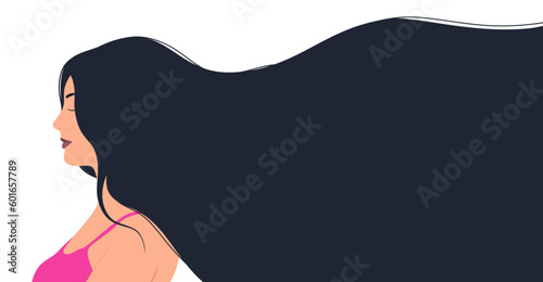 Modern illustration of beautiful woman with long hair and place for text. Template for cards, poster, greetings, flyer, banner for beauty salon, hair salon or Women's Day. flat vector illustration.