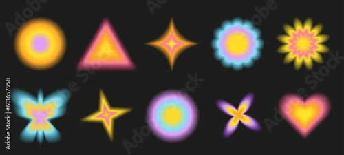 Set of trendy glowing Y2K design elements and symbols, retro objects, 2000s aesthetic group of blurred shapes.