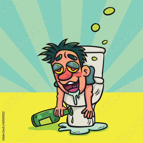 Cartoon drunk man holding bottle sitting in toilet. Illustration cartoon for background or postcard, poster, t shirt, ceramic mug, vector stock.  