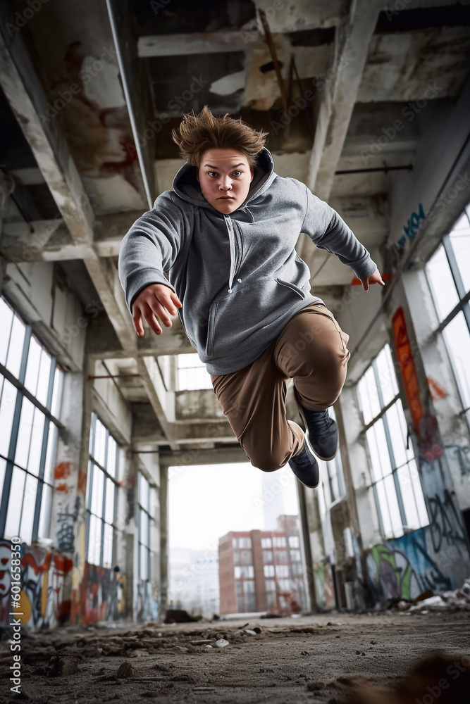 A overweight but agile boy is doing parkour in an abandoned building - ai generative